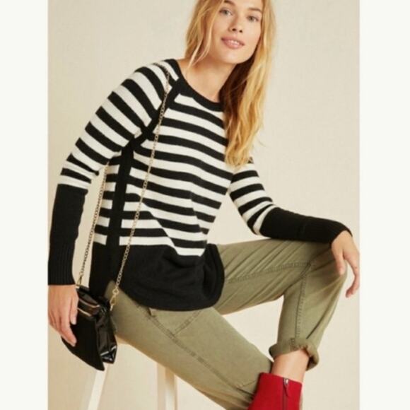 Anthropologie Rebekah Sz M Black White Striped Raglan Sleeve Knit Tunic Sweater - Picture 1 of 10